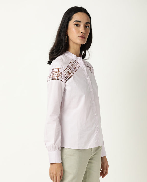 Rareism Women Zoom Pastel Purple Cotton Fabric Regular Fit Mandarin Collar Full Sleeves Solid Top