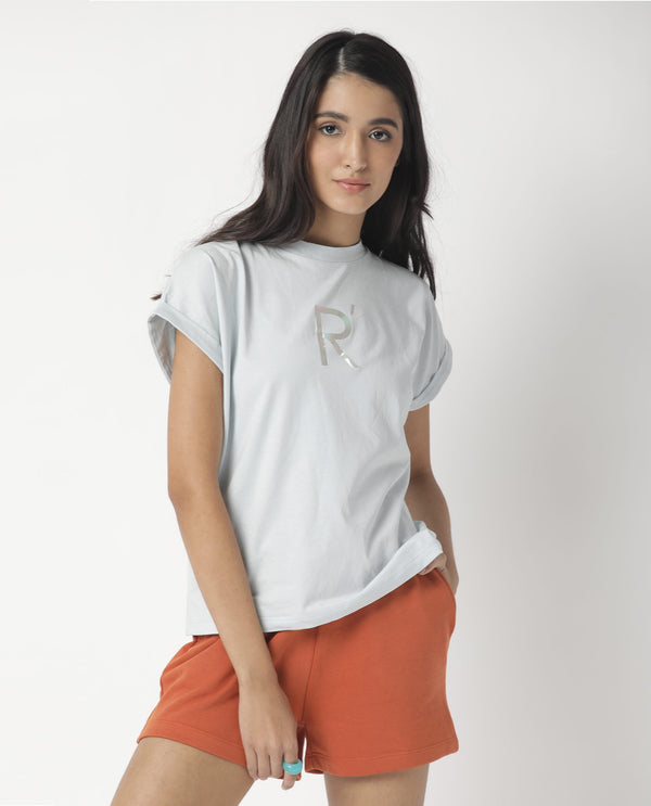 Rareism Women Rad Blue Cotton Fabric Regular Fit Half Sleeves Graphic Print Crew Neck T-Shirt