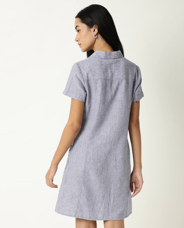 Rareism Women Luna Blue Striped Shirt Collar Short Sleeves With Front Zip Closure And Patch Pockets Mini Dress
