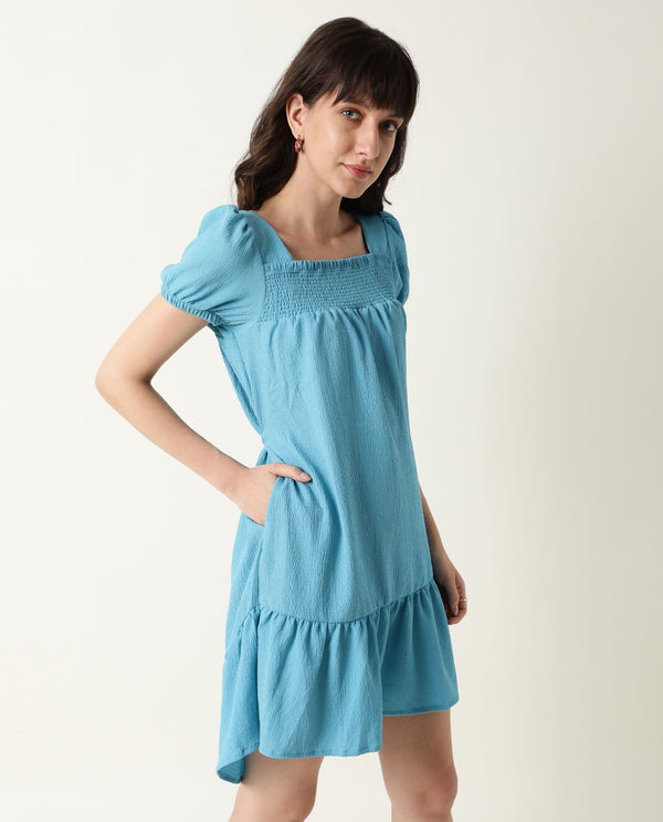 Rareism Women Empress Blue Smoked Square Neck Puff Sleeves With Fabric Waist Belt And Pockets High Low Dress