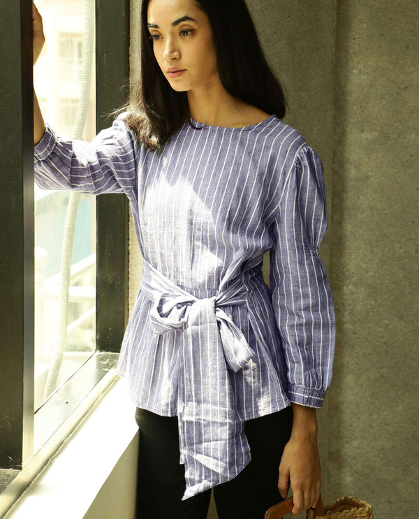 Rareism Womens Livia Blue Top Cotton Linen Fabric Regular Fit Volume Sleeve Round Neck