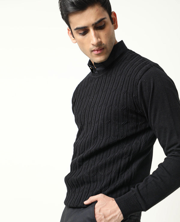 RARE RABBIT MEN'S CABLE BLACK SWEATER COTTON FABRIC FULL SLEEVES