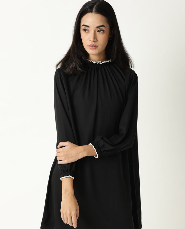 Rareism Women Spoke Black Ruffled Round Neck With Full Sleeves Back Button Closure Mini Dress