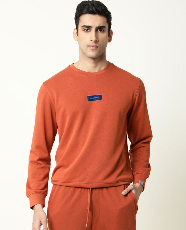 Rare Rabbit Men's Velveto Rust Cotton Polyester Fabric Full Sleeves Velvet Branding Knit Sweatshirt