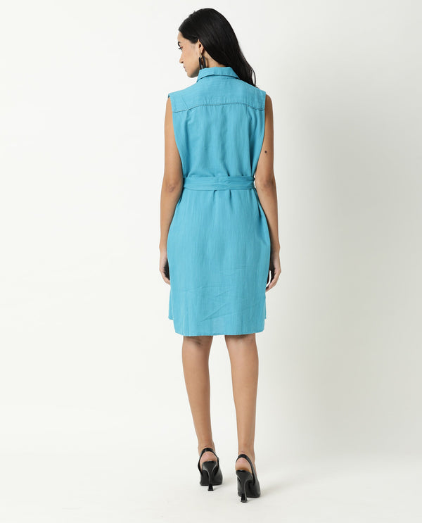 Rareism Women Zolaa Blue Shirt Collar Front Packet With Buttons Fabric Waist Belt And Side Slit Knee Length Dress