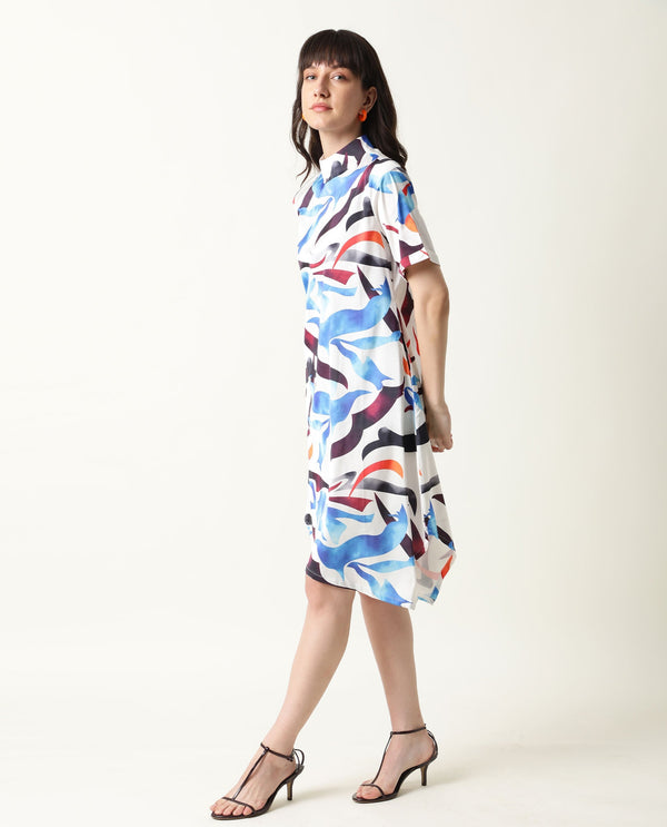Rareism Women Saler White Abstract Band Collar Short Sleeves With Pockets Asymmetric Knee Length Dress