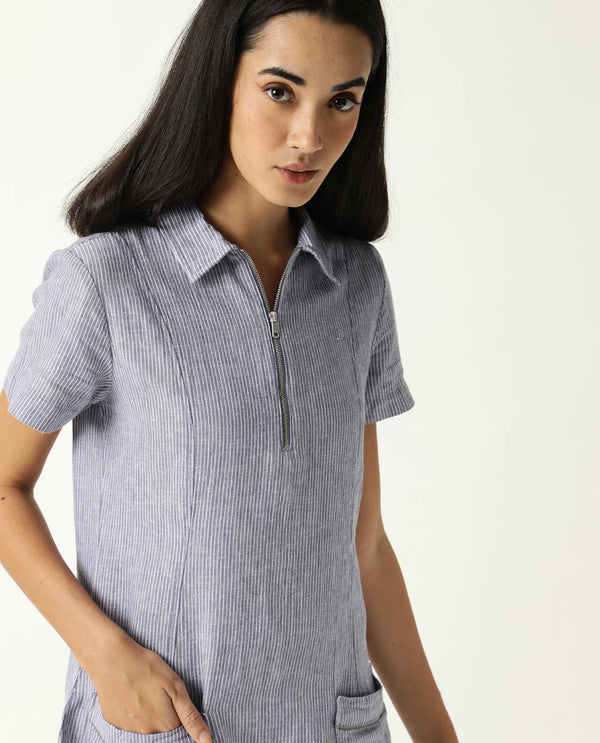 Rareism Women Luna Blue Striped Shirt Collar Short Sleeves With Front Zip Closure And Patch Pockets Mini Dress