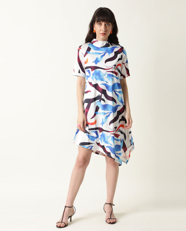 Rareism Women Saler White Abstract Band Collar Short Sleeves With Pockets Asymmetric Knee Length Dress