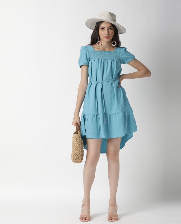 Rareism Women Empress Blue Smoked Square Neck Puff Sleeves With Fabric Waist Belt And Pockets High Low Dress