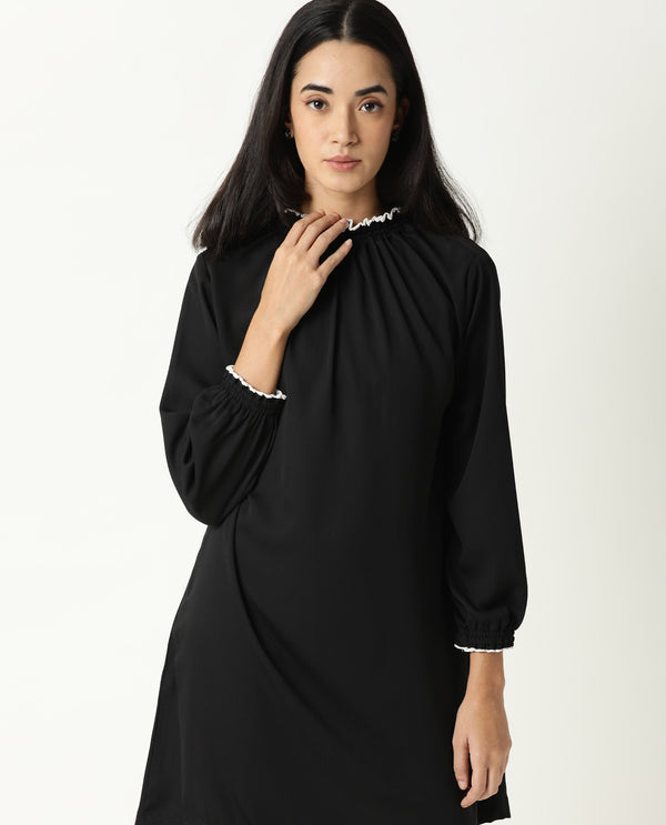 Rareism Women Spoke Black Ruffled Round Neck With Full Sleeves Back Button Closure Mini Dress