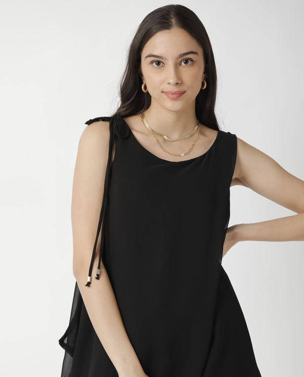 Rareism Womens Saabo Black Dress Polyester Fabric Regular Fit Sleeveless Round Neck