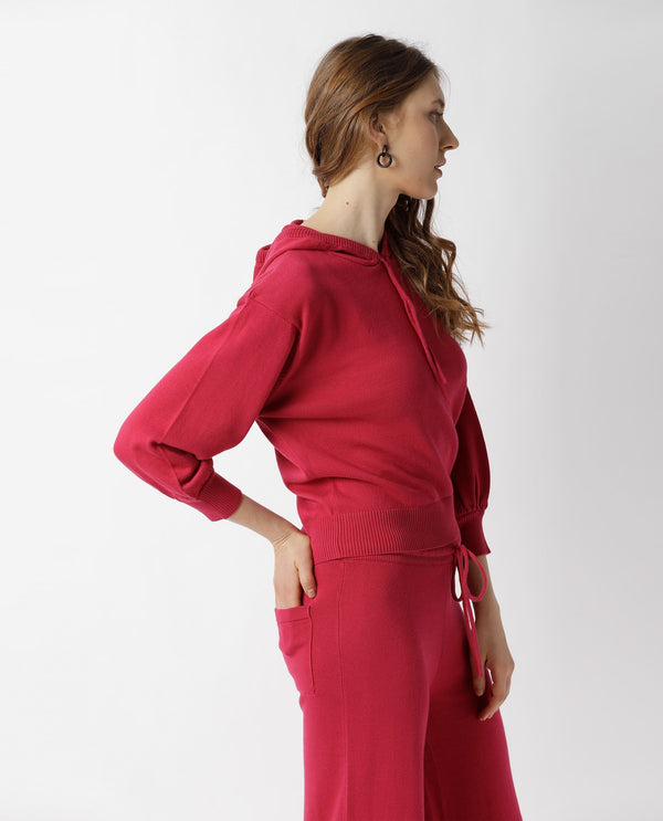 Rareism Women Finn Sweat Dark Pink Cotton Fabric Full Sleeves Relaxed Fit Solid Hooded Sweater