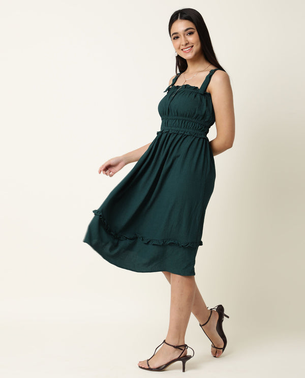 Rareism Women Sickle Green Broad Shoulder Detachable Straps Square Neck Smocking Chest Detail With Ruffled Hem Midi Dress