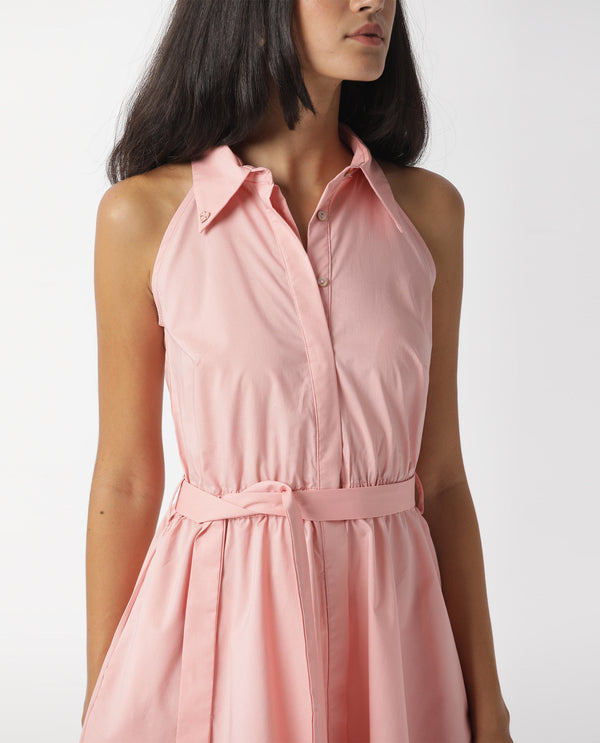 Rareism Women Bessie Peach Shirt Collar Sleeveless Fabric Waist Belt Mini Dress