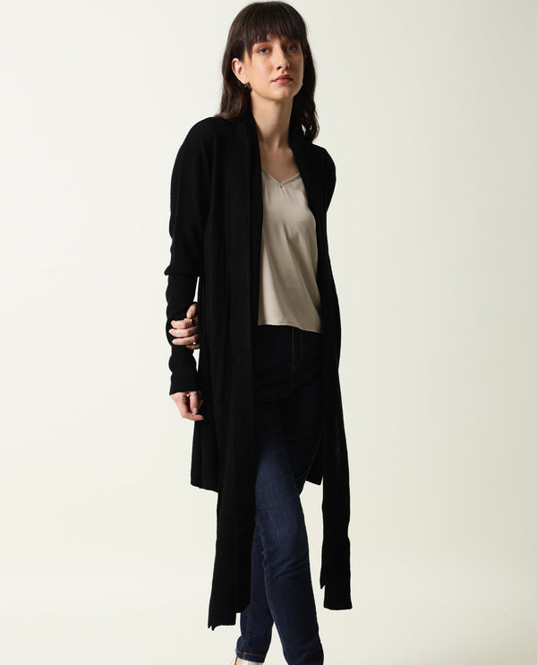 Rareism Women Flap Black Acrylic Fabric Full Sleeves Knee Length Regular Fit Solid Collarless Sweater