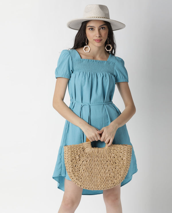Rareism Women Empress Blue Smoked Square Neck Puff Sleeves With Fabric Waist Belt And Pockets High Low Dress