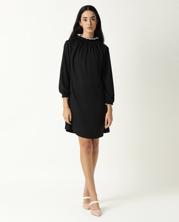 Rareism Women Spoke Black Ruffled Round Neck With Full Sleeves Back Button Closure Mini Dress