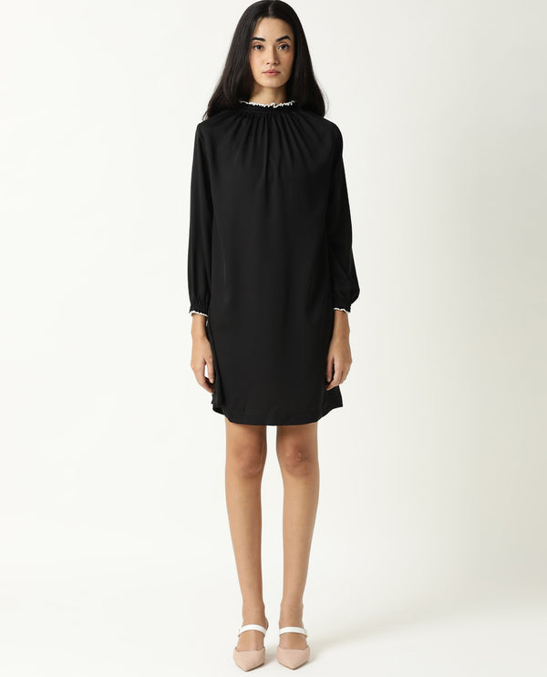 Rareism Women Spoke Black Ruffled Round Neck With Full Sleeves Back Button Closure Mini Dress