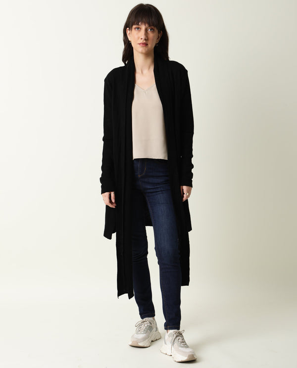 Rareism Women Flap Black Acrylic Fabric Full Sleeves Knee Length Regular Fit Solid Collarless Sweater