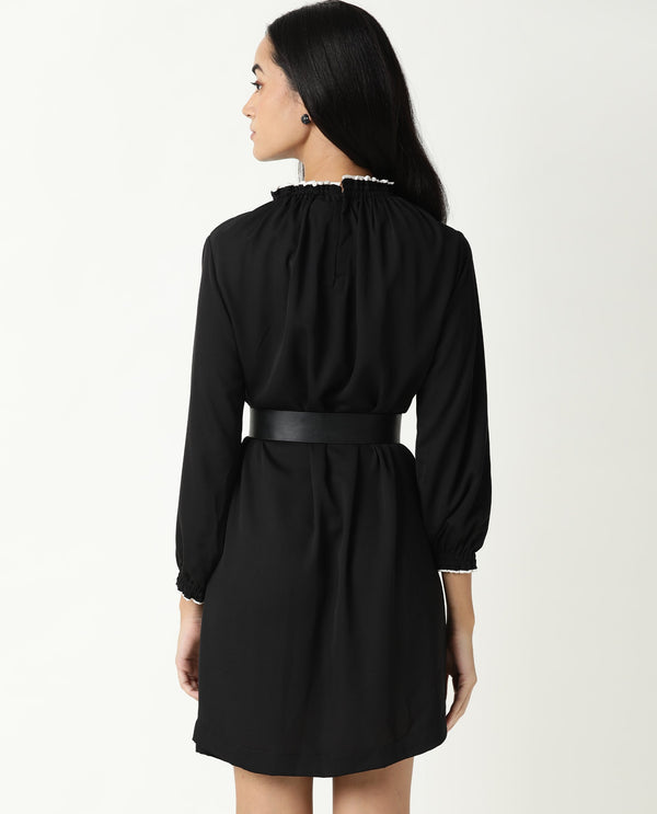 Rareism Women Spoke Black Ruffled Round Neck With Full Sleeves Back Button Closure Mini Dress