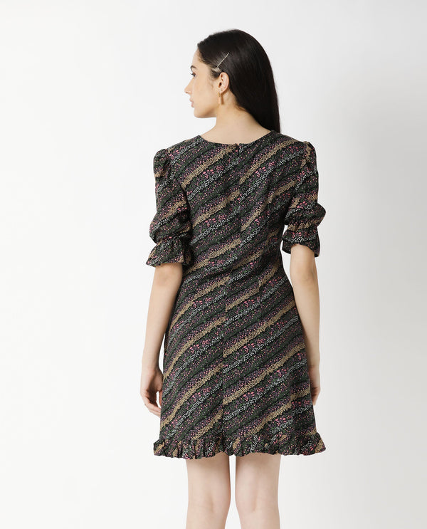 Rareism Women Elevate Black Floral Print V Neck With Double Tie Up Half Sleeves Ruffled Hem Knee Length Dress
