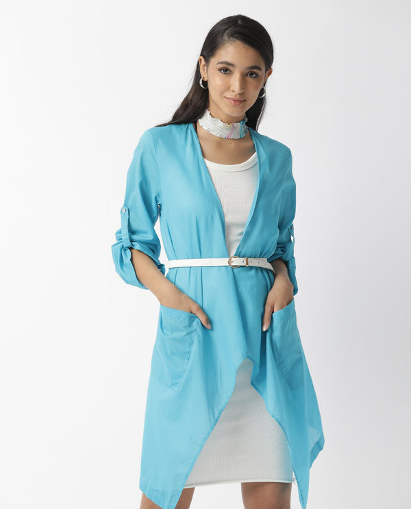 Rareism Women Gazer Blue Cotton Fabric Regular Fit Knee Length Solid Collarless Outer Wear
