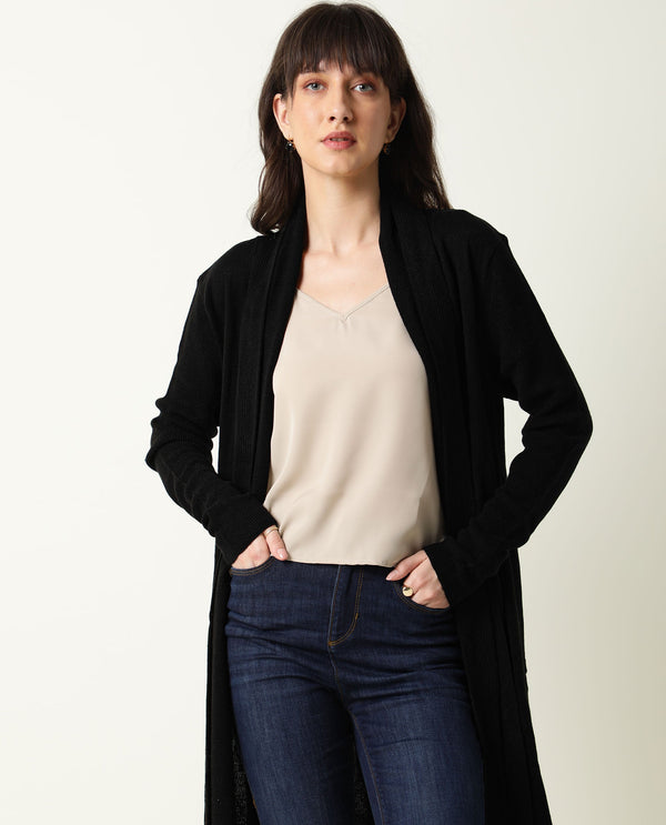 Rareism Women Flap Black Acrylic Fabric Full Sleeves Knee Length Regular Fit Solid Collarless Sweater