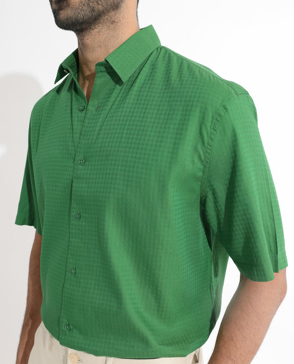 Rare Rabbit Men's Lazio Green Cotton Lyocell Fabric Half Sleeves Gingham Checks Shirt