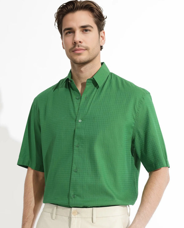 Rare Rabbit Men's Lazio Green Cotton Lyocell Fabric Half Sleeves Gingham Checks Shirt