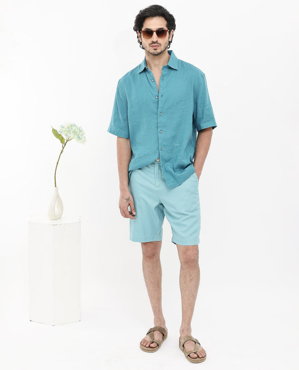 Rare Rabbit Mens Linex-1 SS Turq Linen Fabric Regular Collar Short Sleeve Boxy Fit Solid Shirt