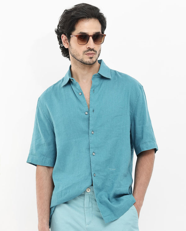 Rare Rabbit Mens Linex-1 SS Turq Linen Fabric Regular Collar Short Sleeve Boxy Fit Solid Shirt