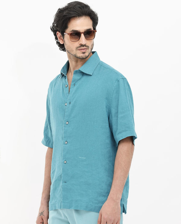 Rare Rabbit Mens Linex-1 SS Turq Linen Fabric Regular Collar Short Sleeve Boxy Fit Solid Shirt