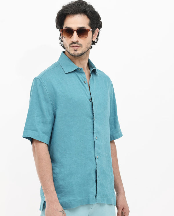 Rare Rabbit Mens Linex-1 SS Turq Linen Fabric Regular Collar Short Sleeve Boxy Fit Solid Shirt