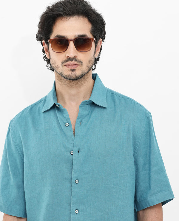 Rare Rabbit Mens Linex-1 SS Turq Linen Fabric Regular Collar Short Sleeve Boxy Fit Solid Shirt