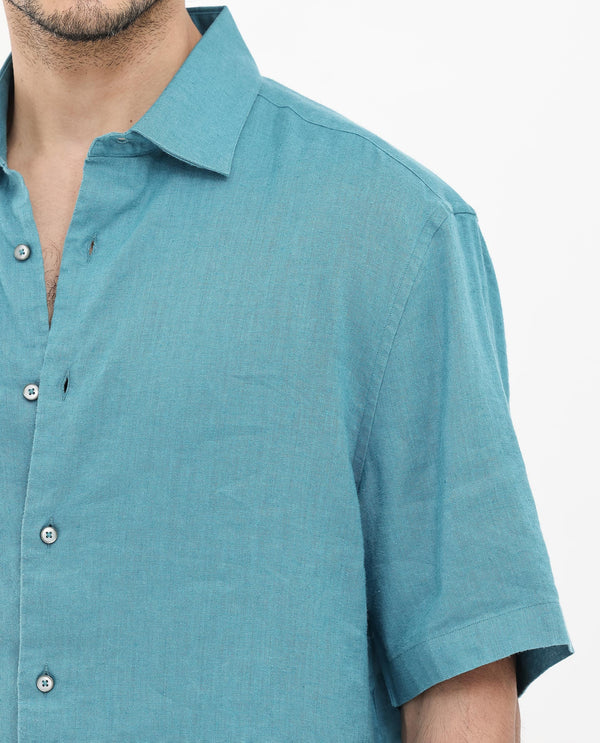 Rare Rabbit Mens Linex-1 SS Turq Linen Fabric Regular Collar Short Sleeve Boxy Fit Solid Shirt
