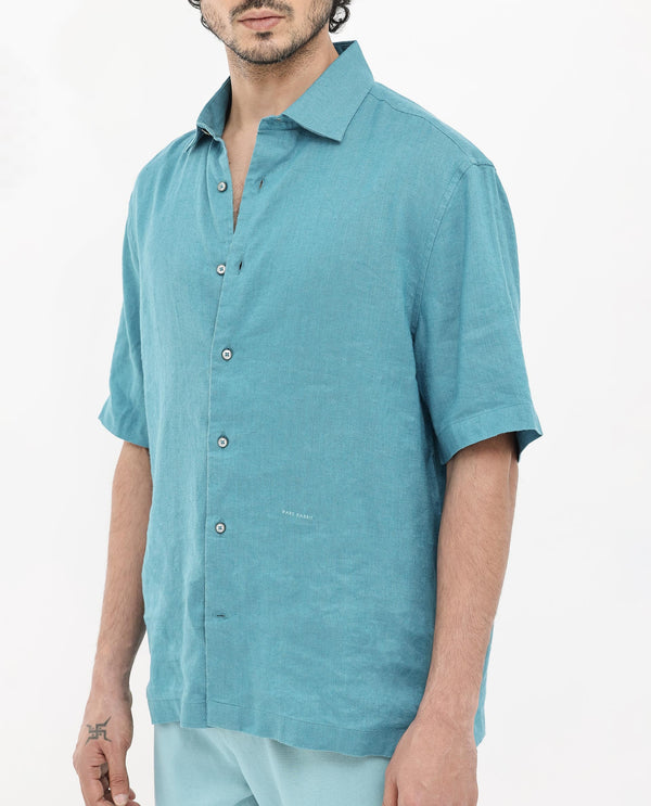 Rare Rabbit Mens Linex-1 SS Turq Linen Fabric Regular Collar Short Sleeve Boxy Fit Solid Shirt