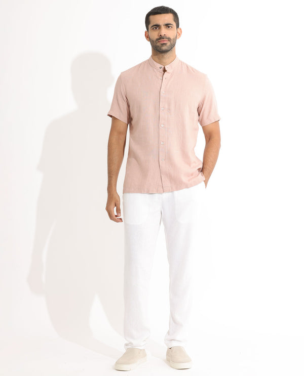 Rare Rabbit Men's Lune Ss Dusky Pink Linen Mandarin Collar Half Sleeves Shirt