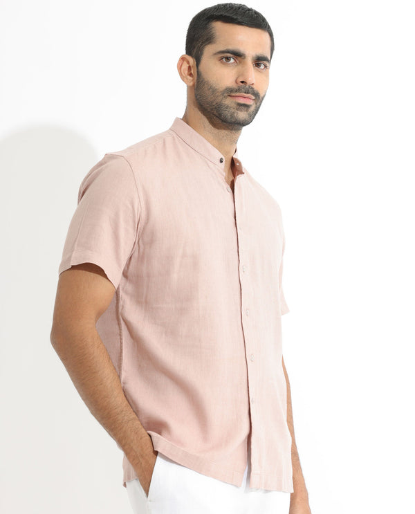 Rare Rabbit Men's Lune Ss Dusky Pink Linen Mandarin Collar Half Sleeves Shirt