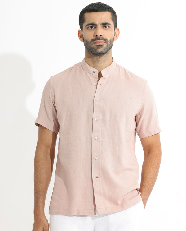 Rare Rabbit Men's Lune Ss Dusky Pink Linen Mandarin Collar Half Sleeves Shirt