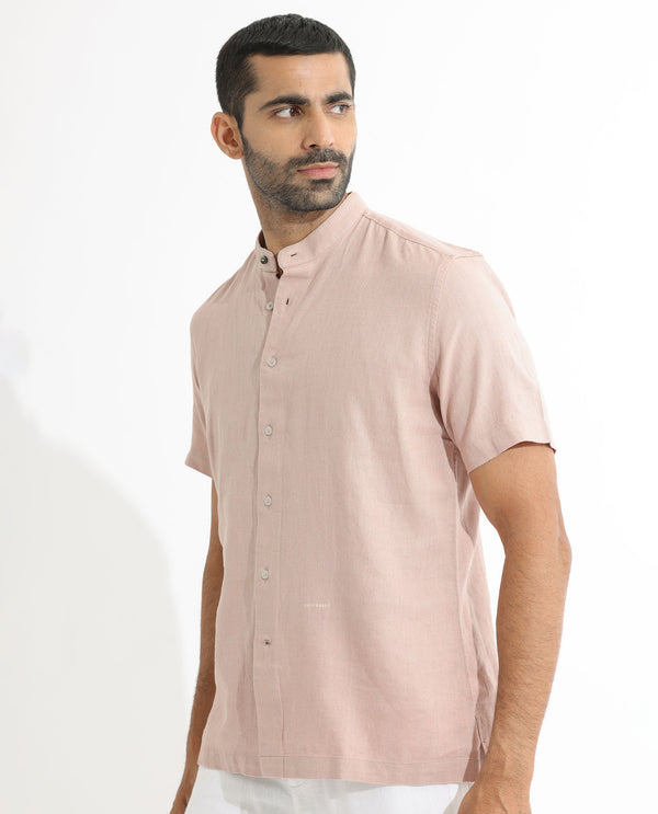 Rare Rabbit Men's Lune Ss Dusky Pink Linen Mandarin Collar Half Sleeves Shirt
