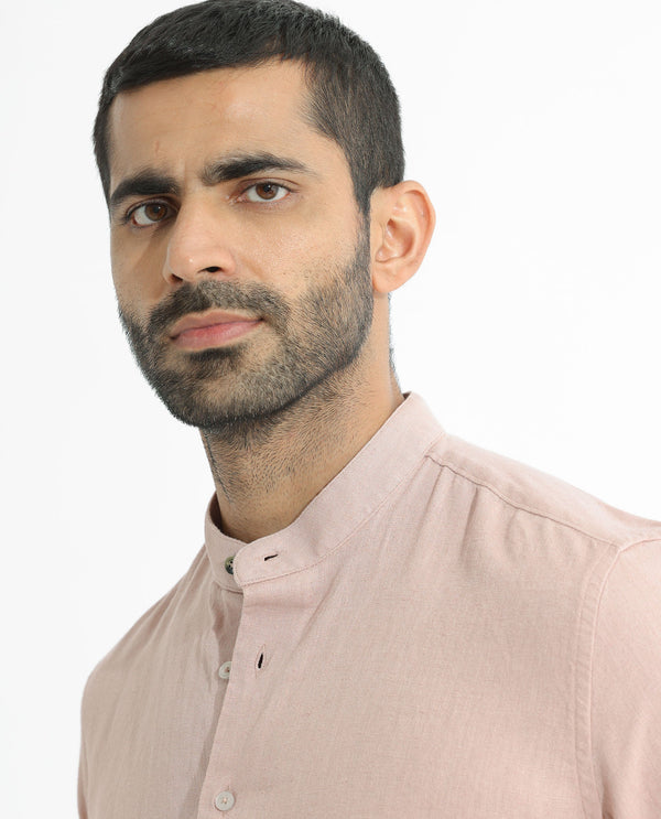 Rare Rabbit Men's Lune Ss Dusky Pink Linen Mandarin Collar Half Sleeves Shirt