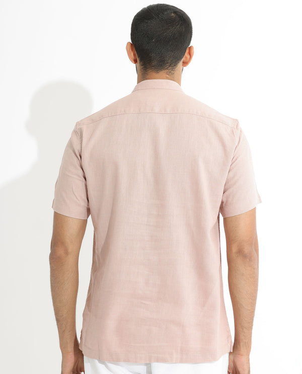 Rare Rabbit Men's Lune Ss Dusky Pink Linen Mandarin Collar Half Sleeves Shirt
