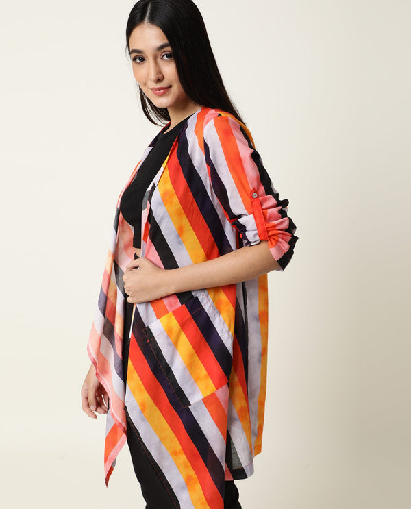 Rareism Women Maaza Multi Cotton Fabric 3/4Th Sleeves Striped Collarless Shrug