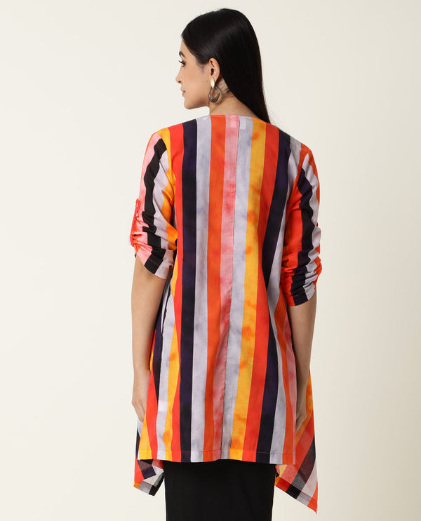 Rareism Women Maaza Multi Cotton Fabric 3/4Th Sleeves Striped Collarless Shrug