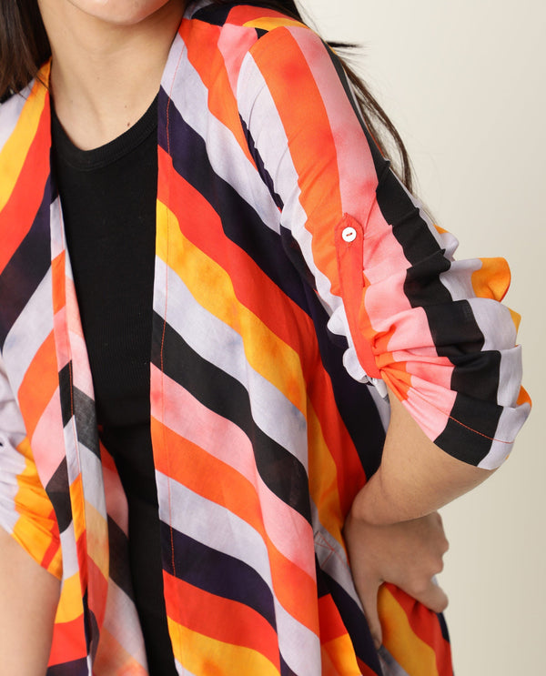 Rareism Women Maaza Multi Cotton Fabric 3/4Th Sleeves Striped Collarless Shrug