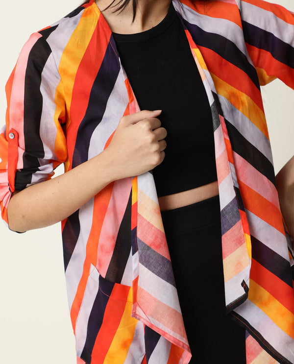 Rareism Women Maaza Multi Cotton Fabric 3/4Th Sleeves Striped Collarless Shrug