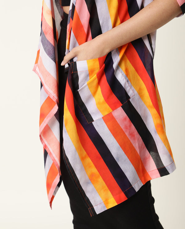 Rareism Women Maaza Multi Cotton Fabric 3/4Th Sleeves Striped Collarless Shrug