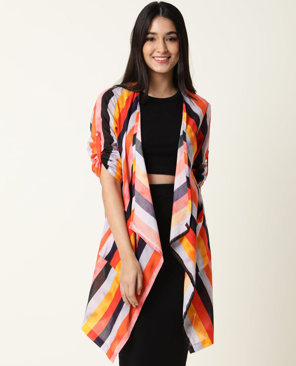 Rareism Women Maaza Multi Cotton Fabric 3/4Th Sleeves Striped Collarless Shrug