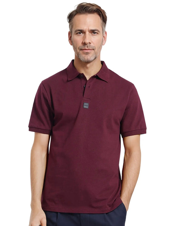 Rare Rabbit Men Mabe Maroon Short Sleeve Regular Collar Silicone Badge Branding Flat Knit Plain Polo