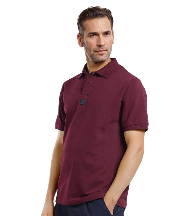 Rare Rabbit Men Mabe Maroon Short Sleeve Regular Collar Silicone Badge Branding Flat Knit Plain Polo